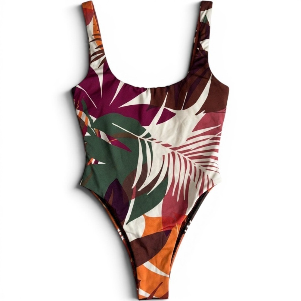 Vitamin A Tropical Leaf Print One Piece Swimsuit High Cut Scoop Back XS New